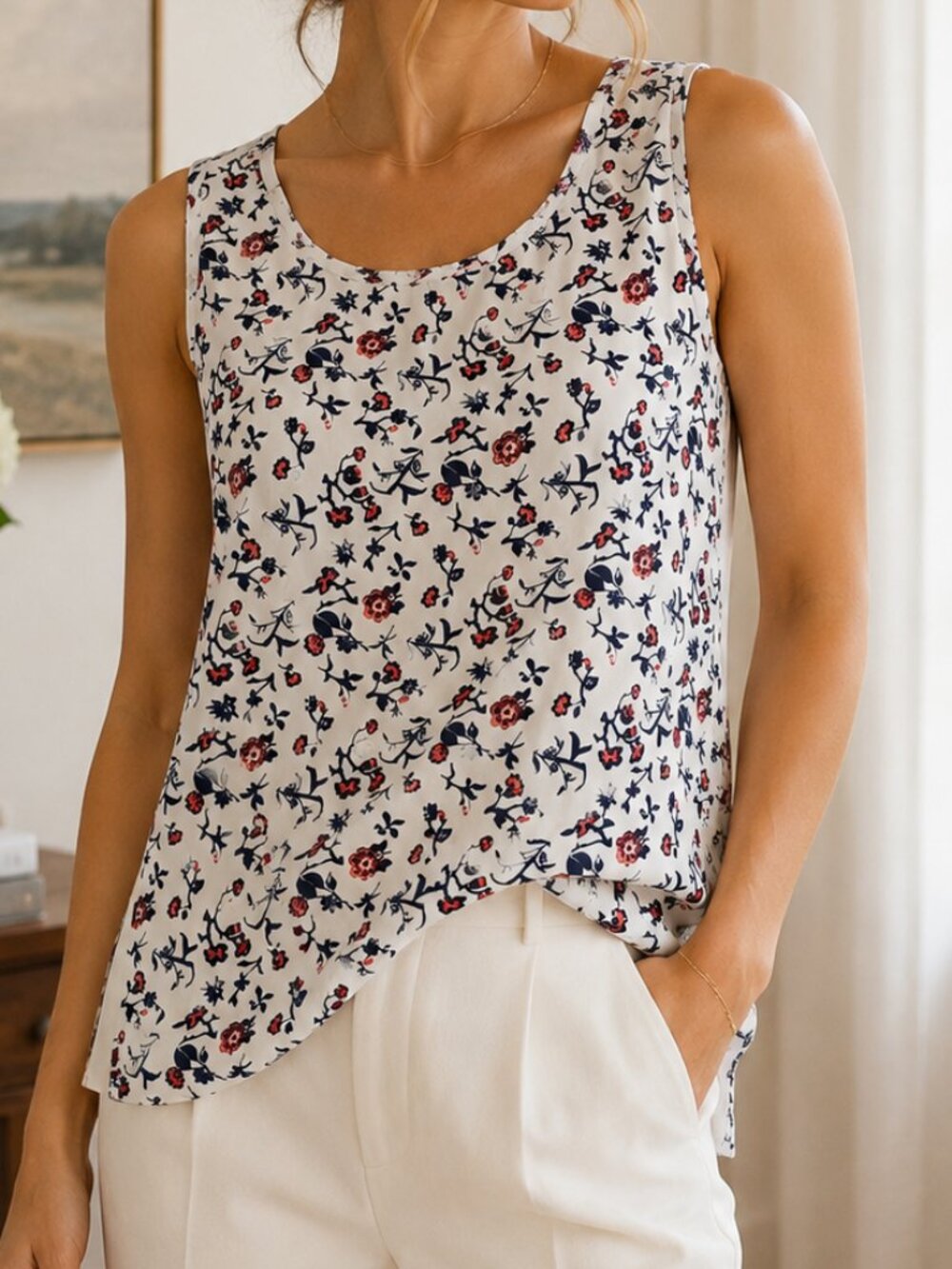 Ann Taylor Floral Sleeveless Mixed Media Top Cream Blue Red XS